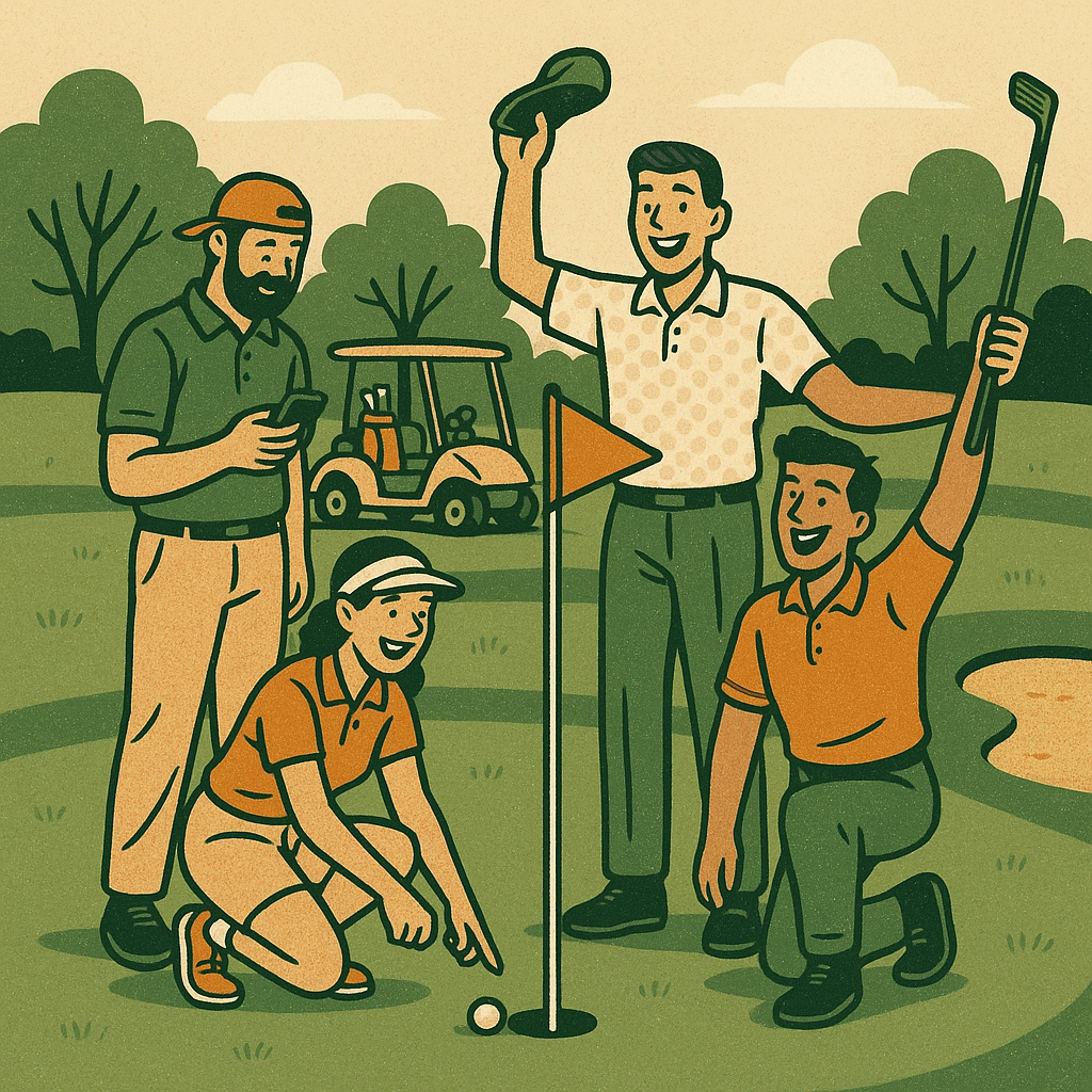 Four golfers walking on a course