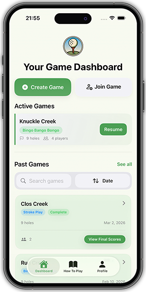 A screenshot of the BangoGolf iOS app showing the live scorecard.
