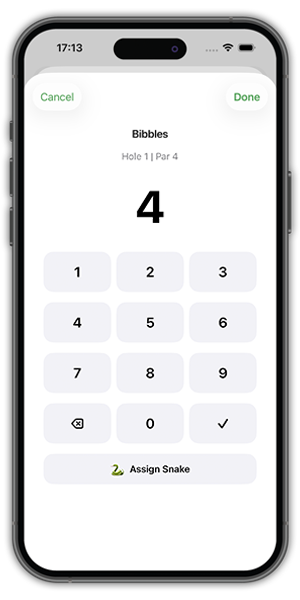 A finger tapping the 'Assign Snake' button on a phone screen during a golf game.